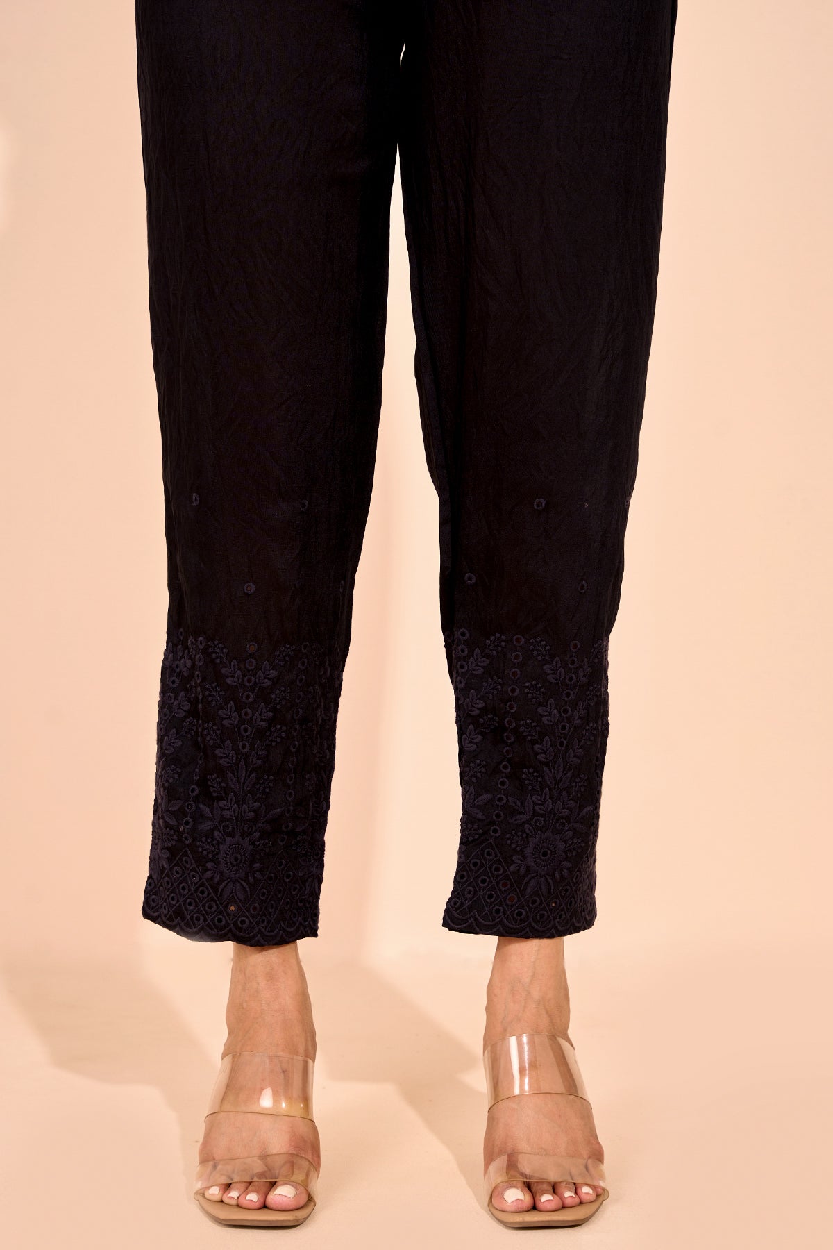 Solid Straight Pant with Floral Cut work - Black