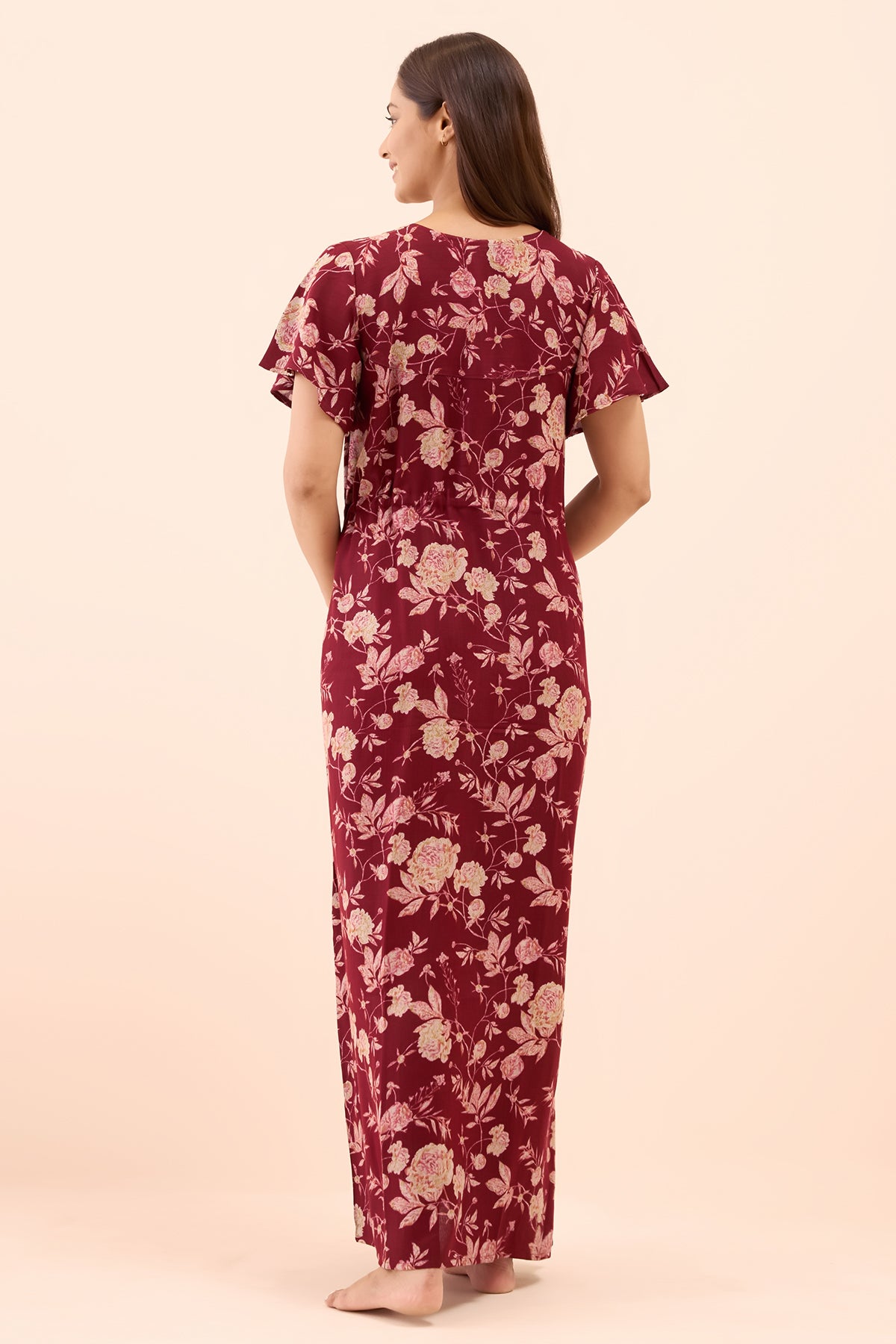 Abstract Floral Printed Nighty with Waist Tie-up - Maroon