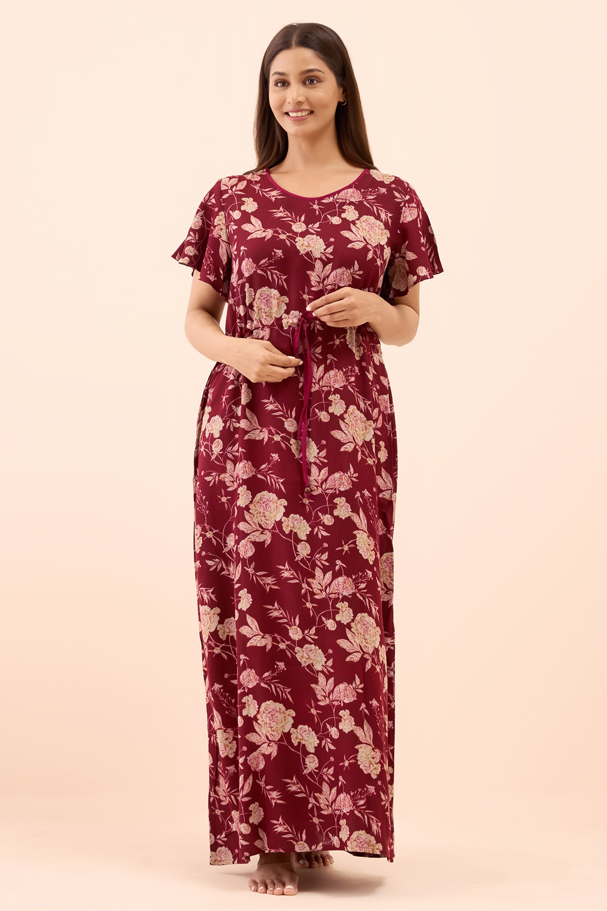 Abstract Floral Printed Nighty with Waist Tie-up - Maroon