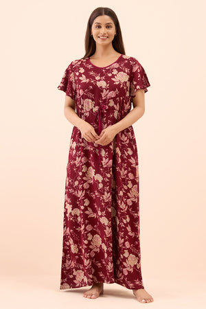 Abstract Floral Printed Nighty with Waist Tie-up - Maroon