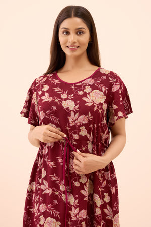 Abstract Floral Printed Nighty with Waist Tie-up - Maroon