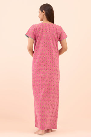 Floral Printed Nighty with Mirror Embellishment - Pink