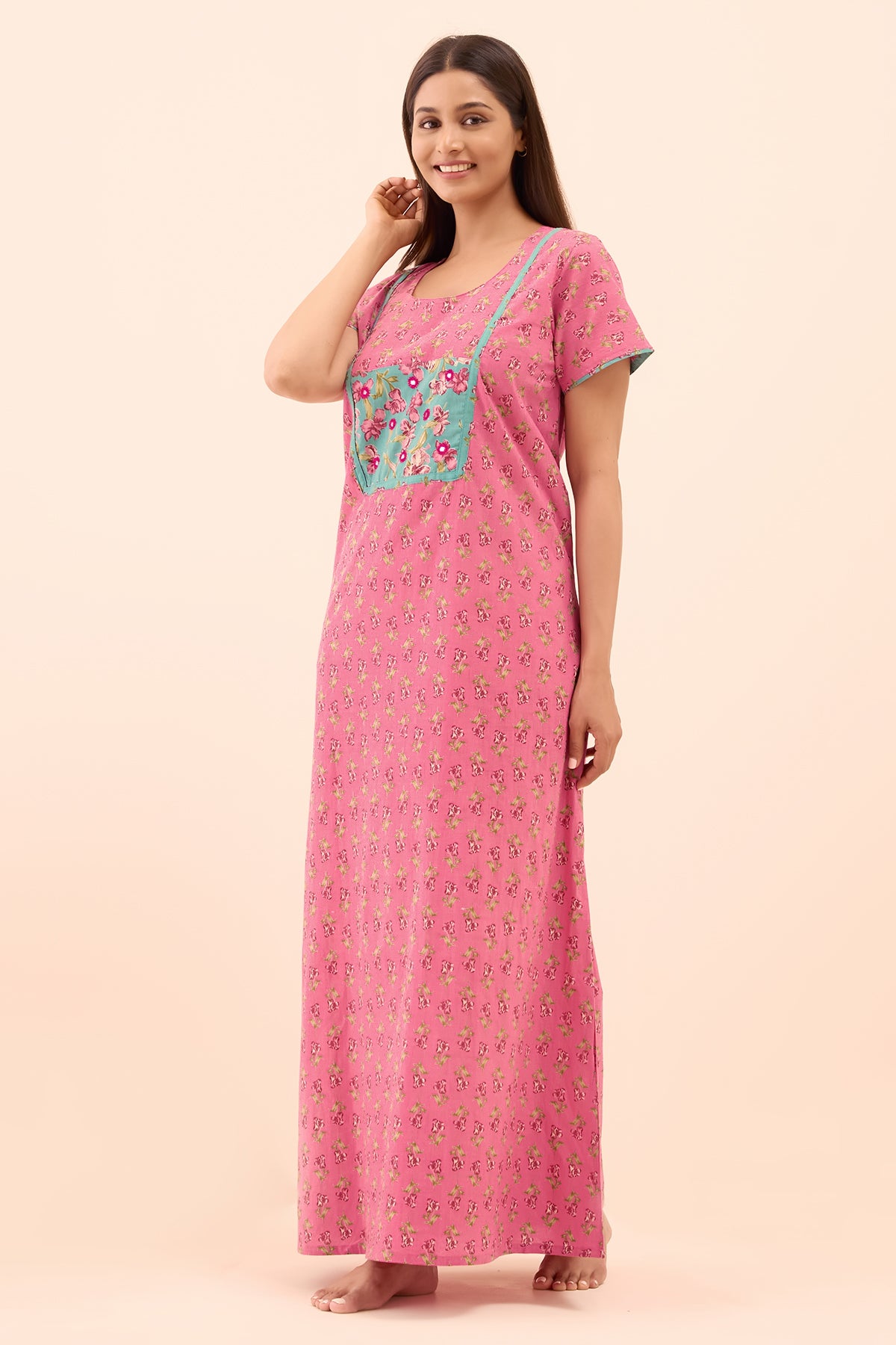 Floral Printed Nighty with Mirror Embellishment - Pink