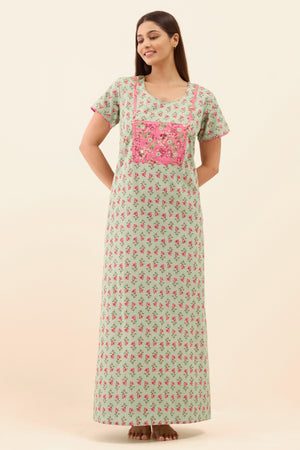 Floral Printed Nighty with Mirror Embellishment - Green