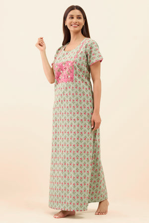 Floral Printed Nighty with Mirror Embellishment - Green