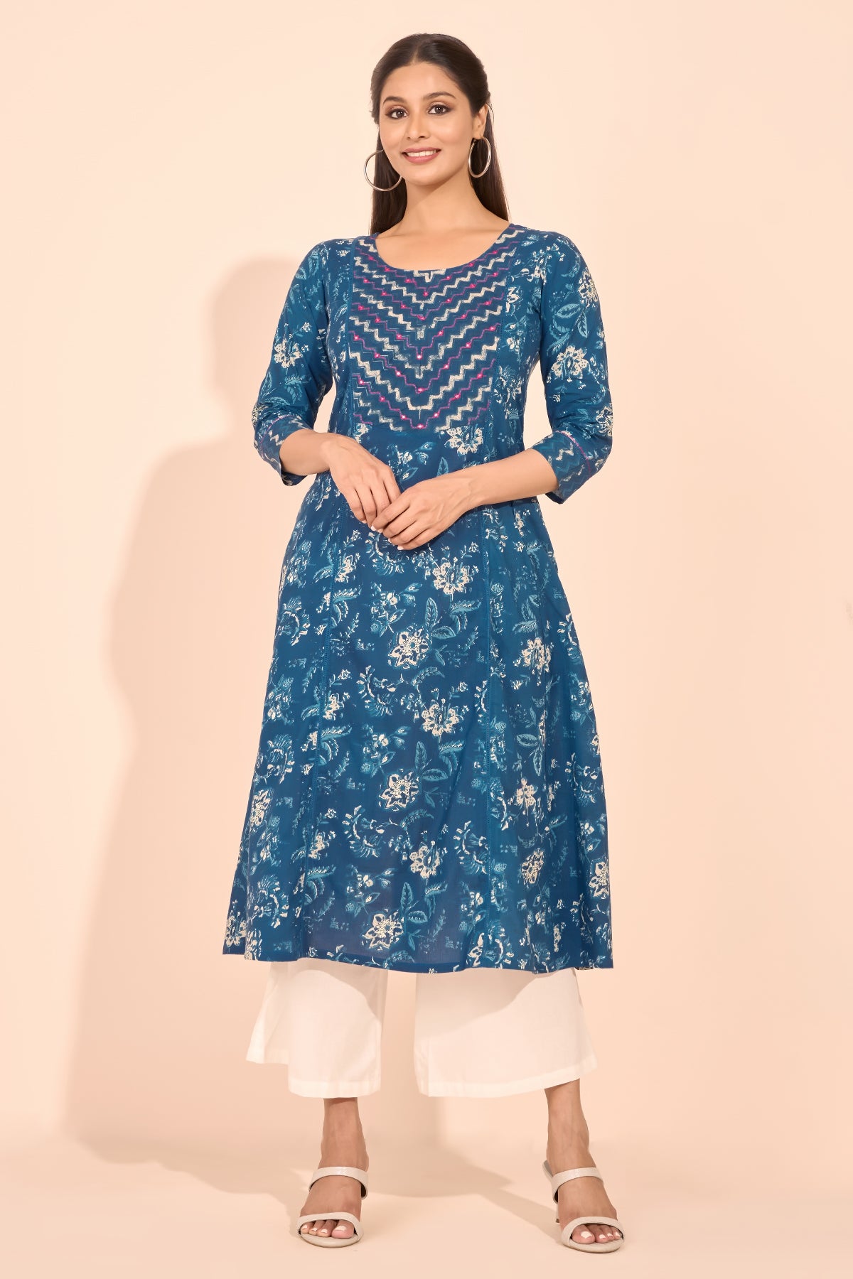 Indigo Printed Foil Mirror Embellished Kurta - Blue