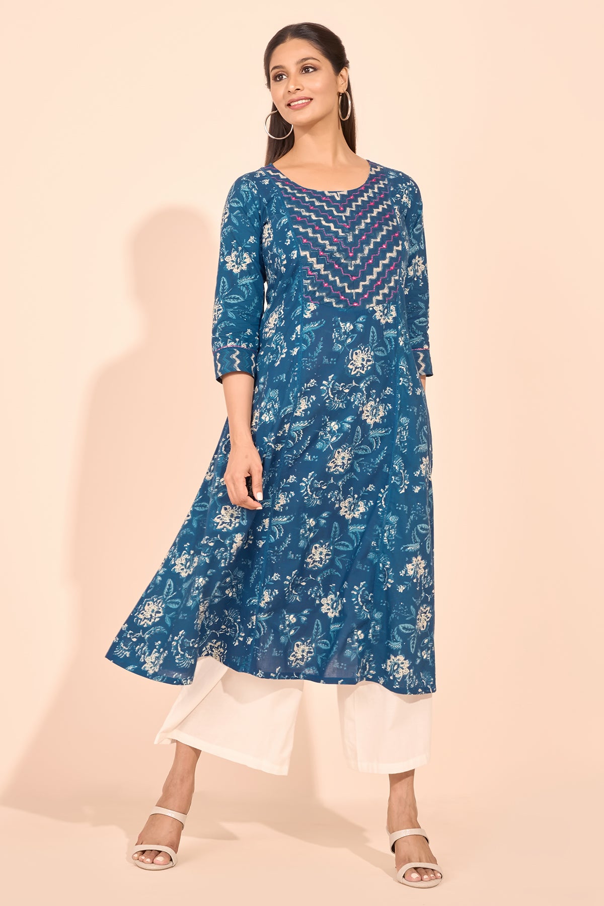 Indigo Printed Foil Mirror Embellished Kurta - Blue