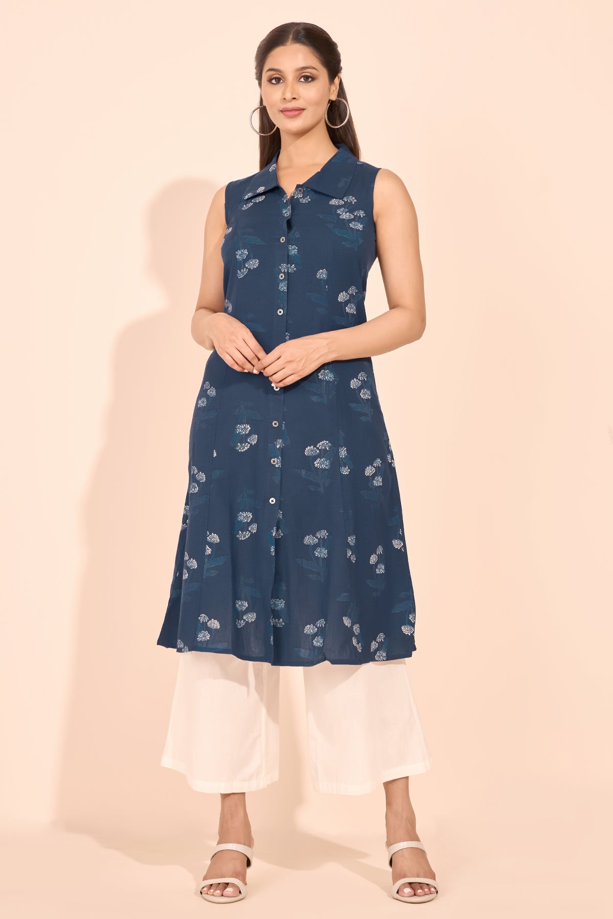 Floral Printed A-Line Kurta - Navy