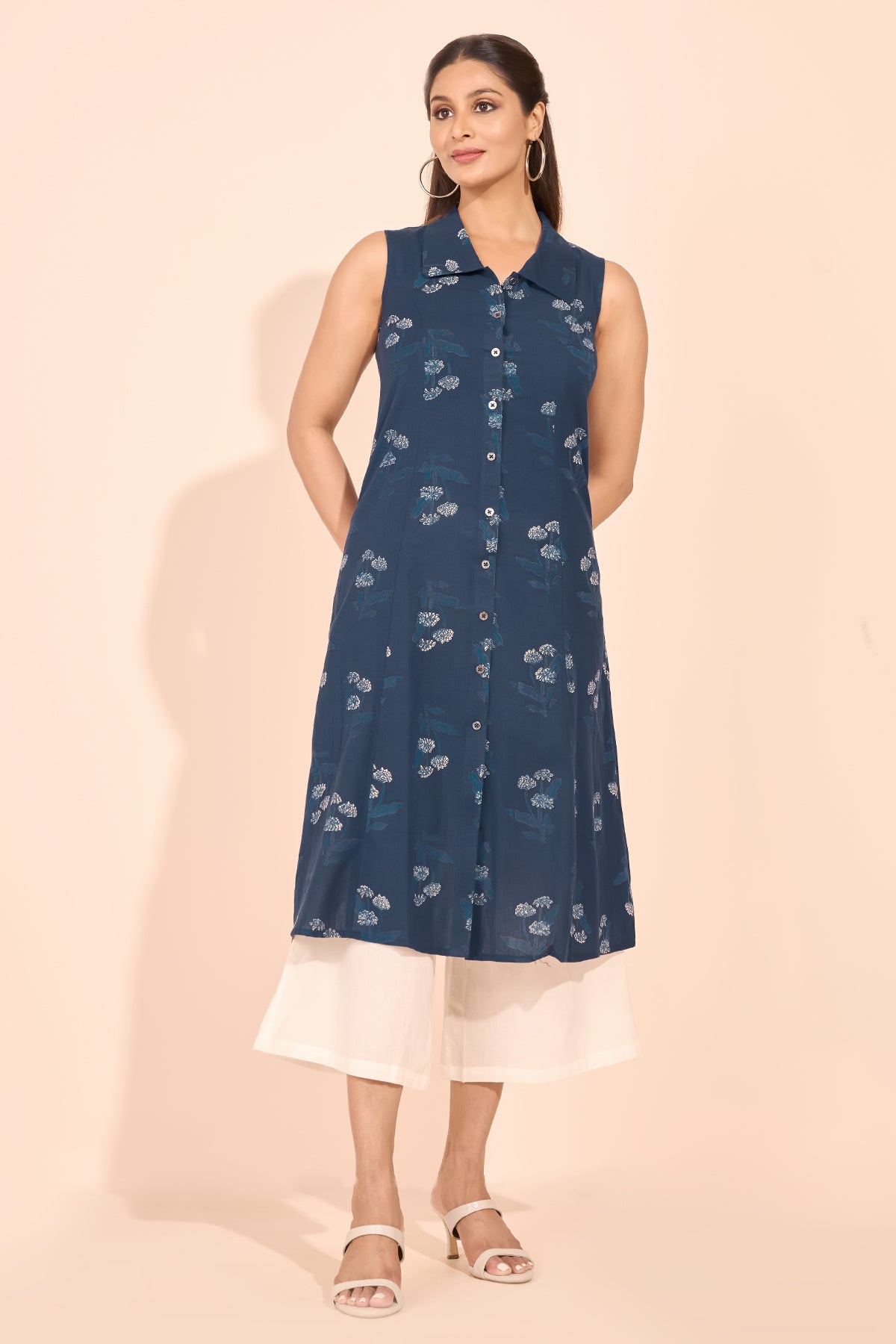 Floral Printed A-Line Kurta - Navy