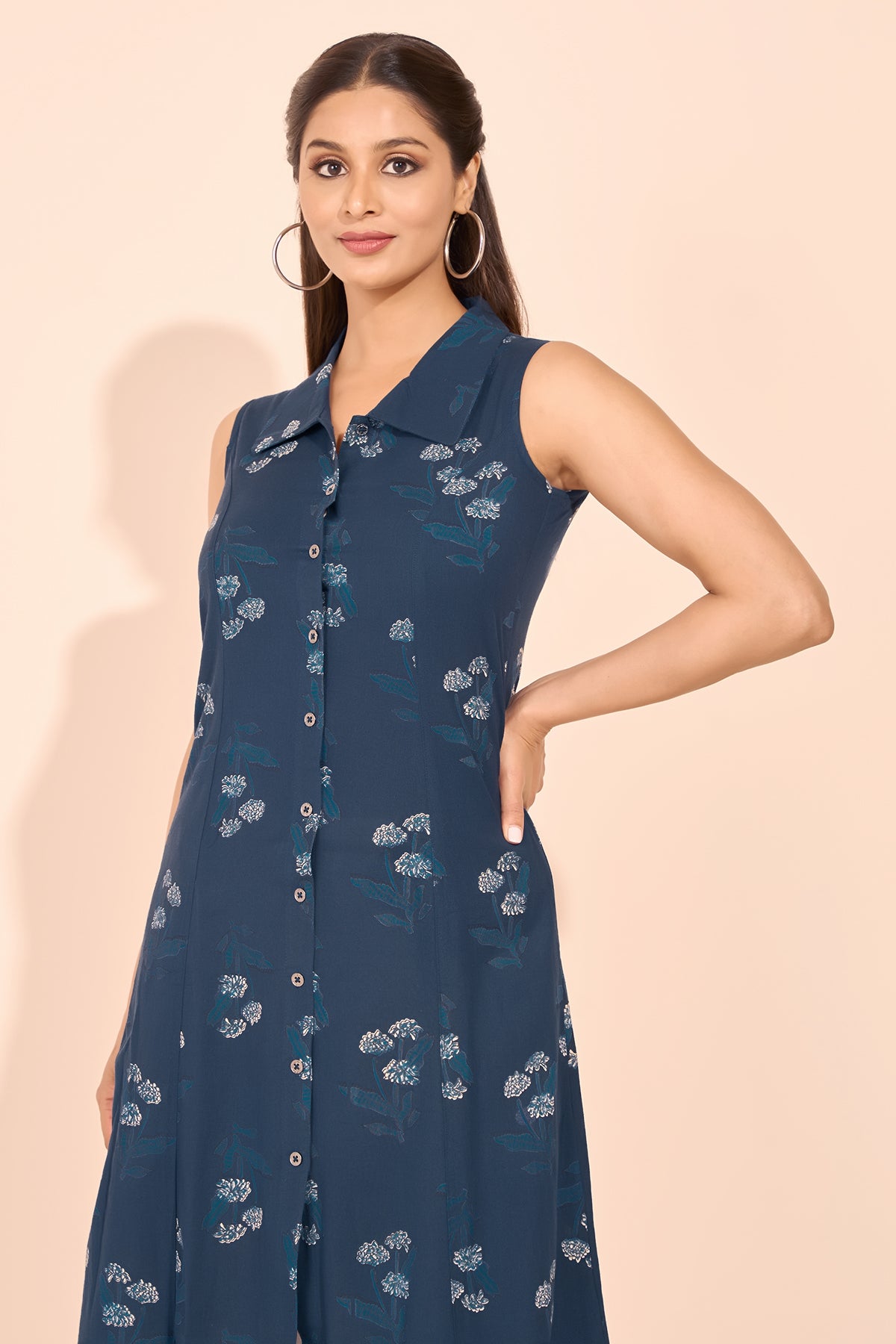 Floral Printed A-Line Kurta - Navy