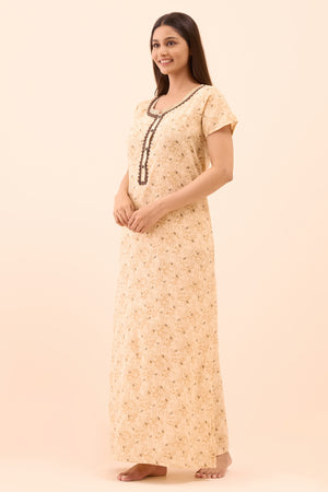 Floral Printed Lace Embellished Nighty - Beige