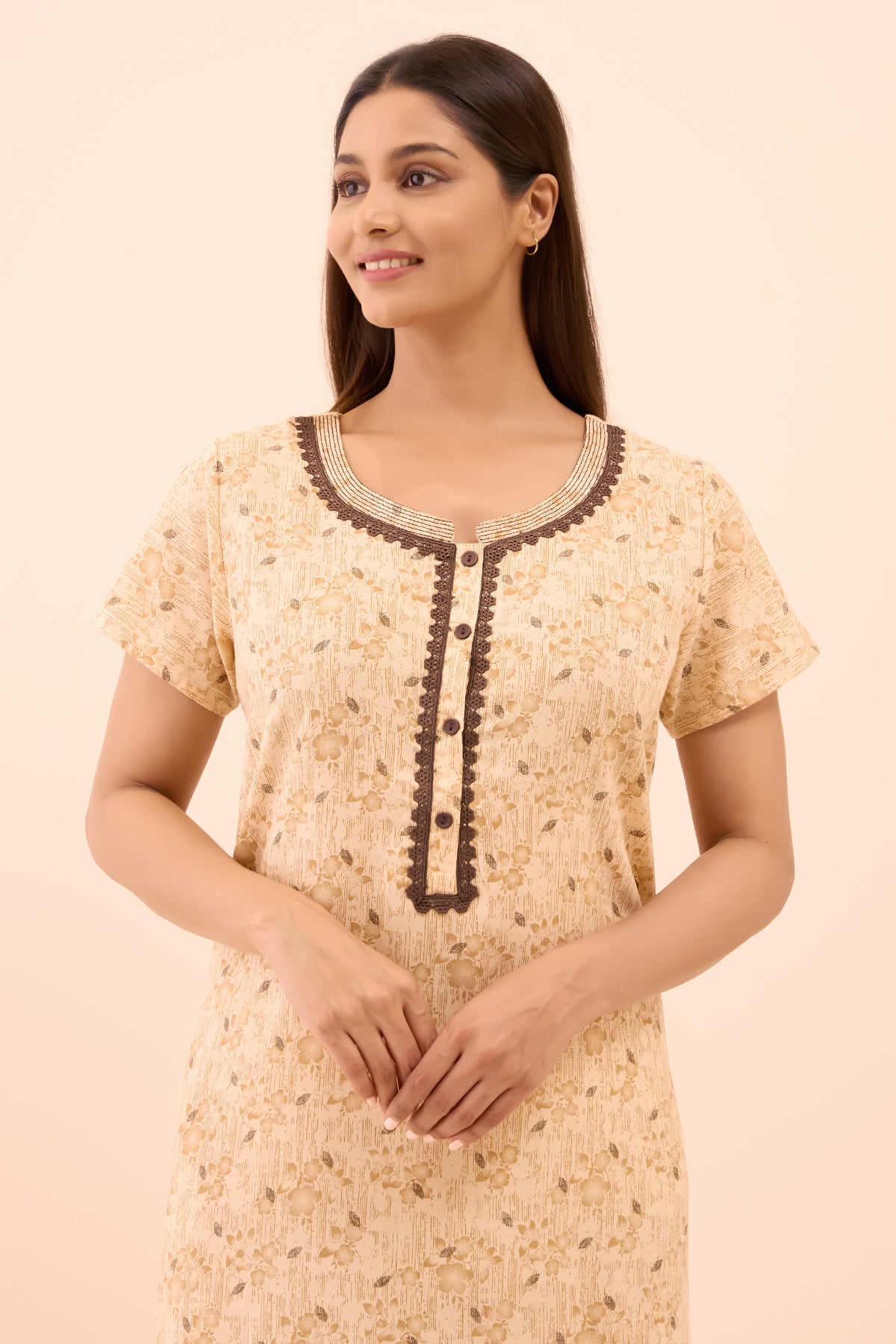 Floral Printed Lace Embellished Nighty - Beige