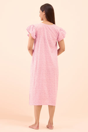 Floral Printed & Embroidered Nighty - Pink