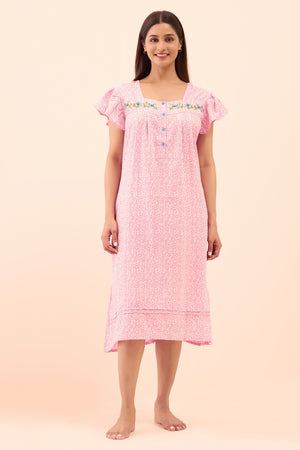 Floral Printed & Embroidered Nighty - Pink