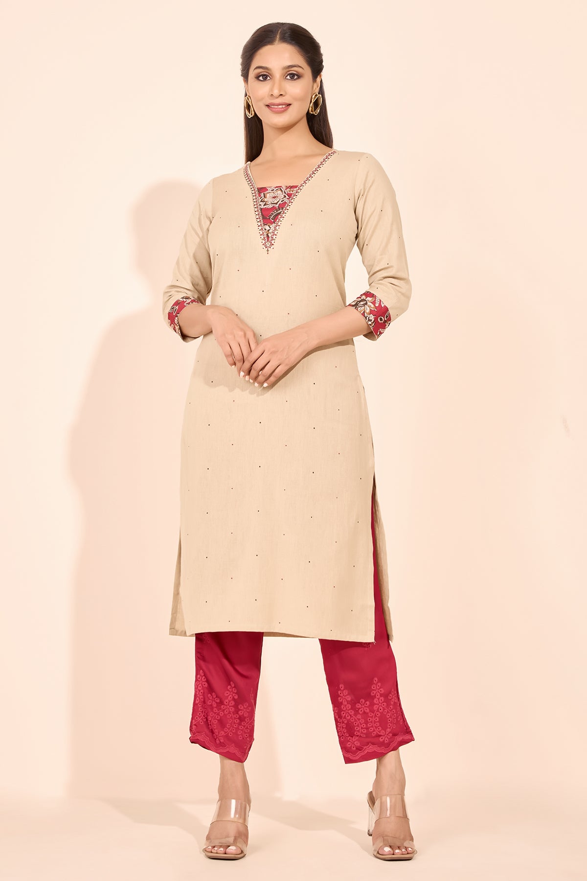 Floral Block Printed Yoke Patchwork Kurta - Beige