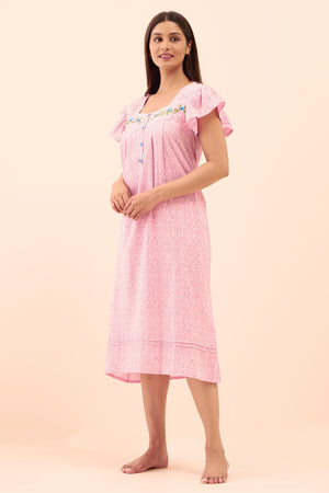 Floral Printed & Embroidered Nighty - Pink