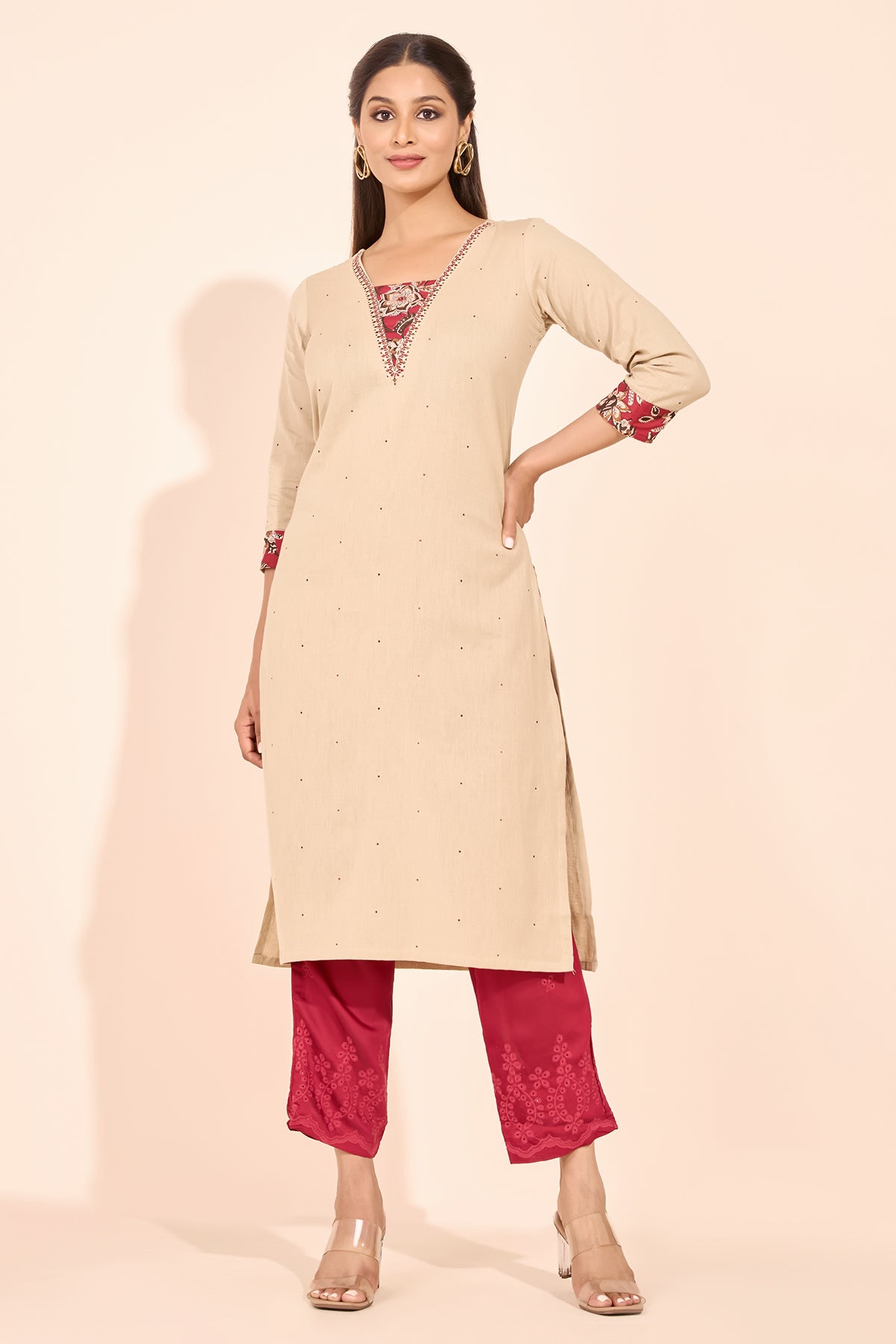 Floral Block Printed Yoke Patchwork Kurta - Beige