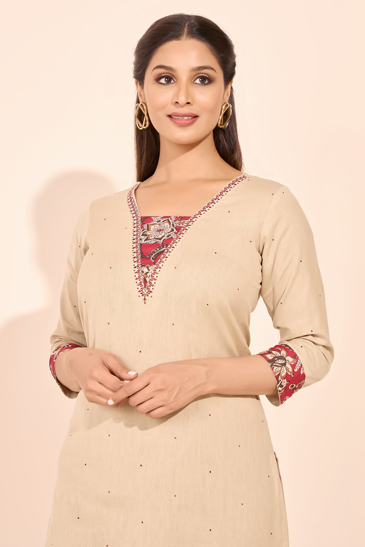 Floral Block Printed Yoke Patchwork Kurta - Beige