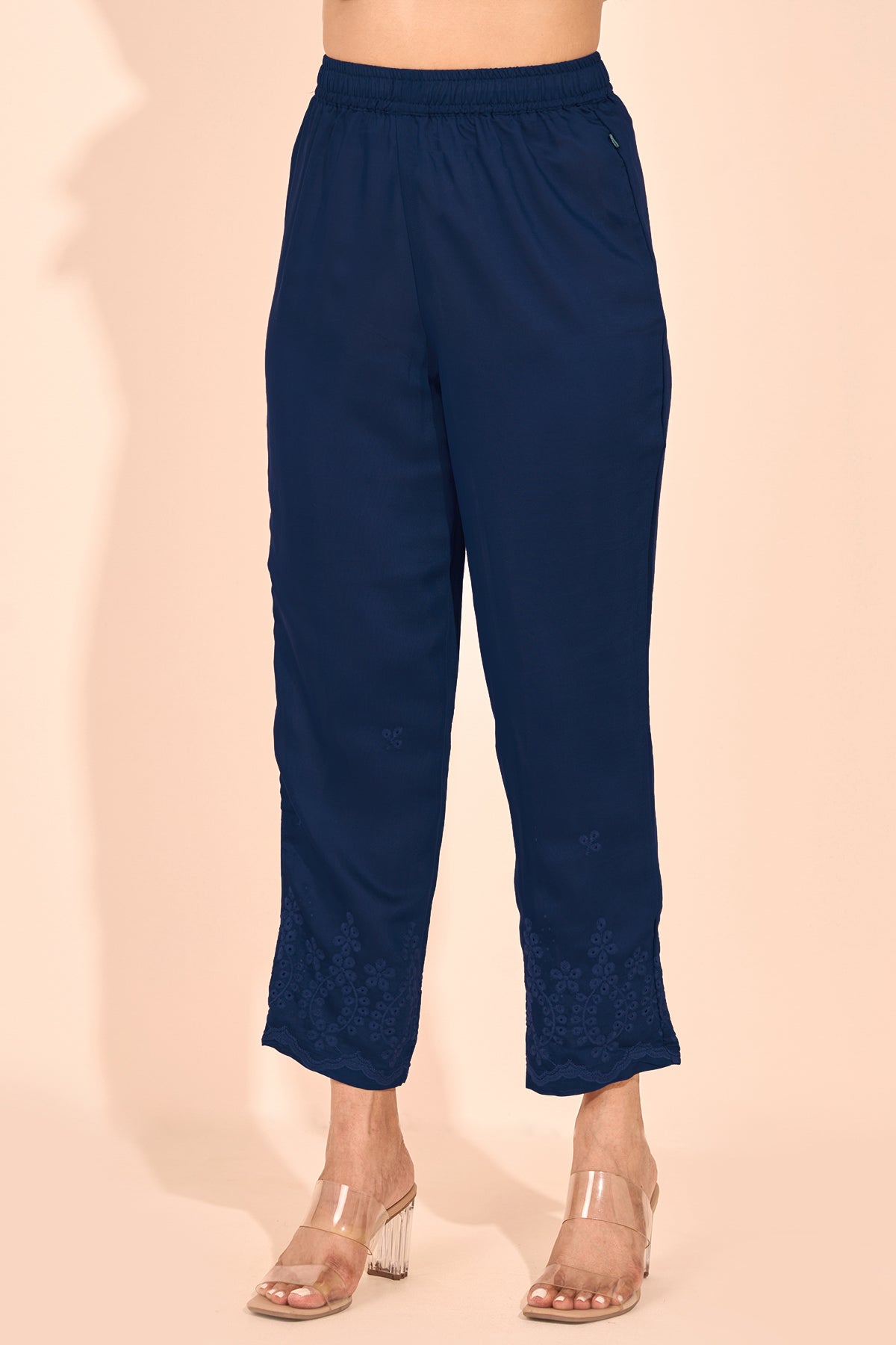 Solid Straight Pant with Floral Embroidered Hem - Navy