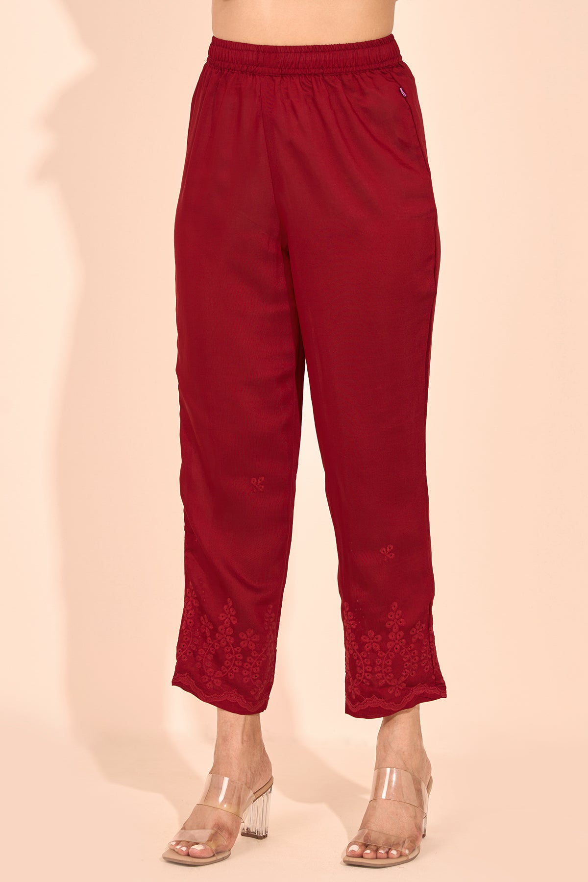 Solid Straight Pant with Floral Embroidered Hem - Maroon