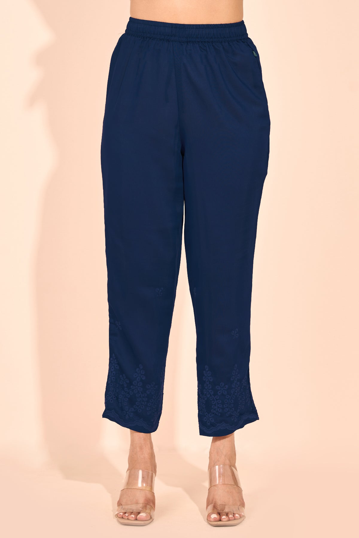 Solid Straight Pant with Floral Embroidered Hem - Navy