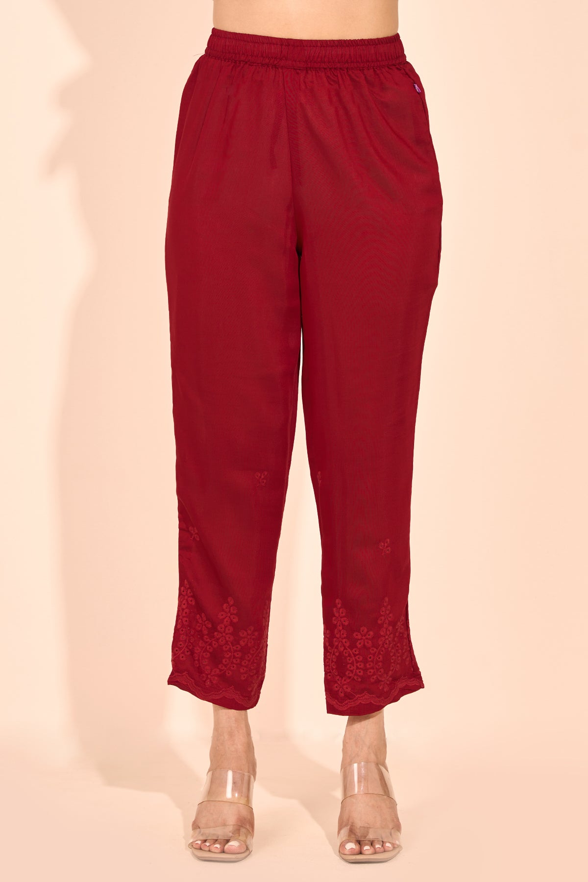 Solid Straight Pant with Floral Embroidered Hem - Maroon