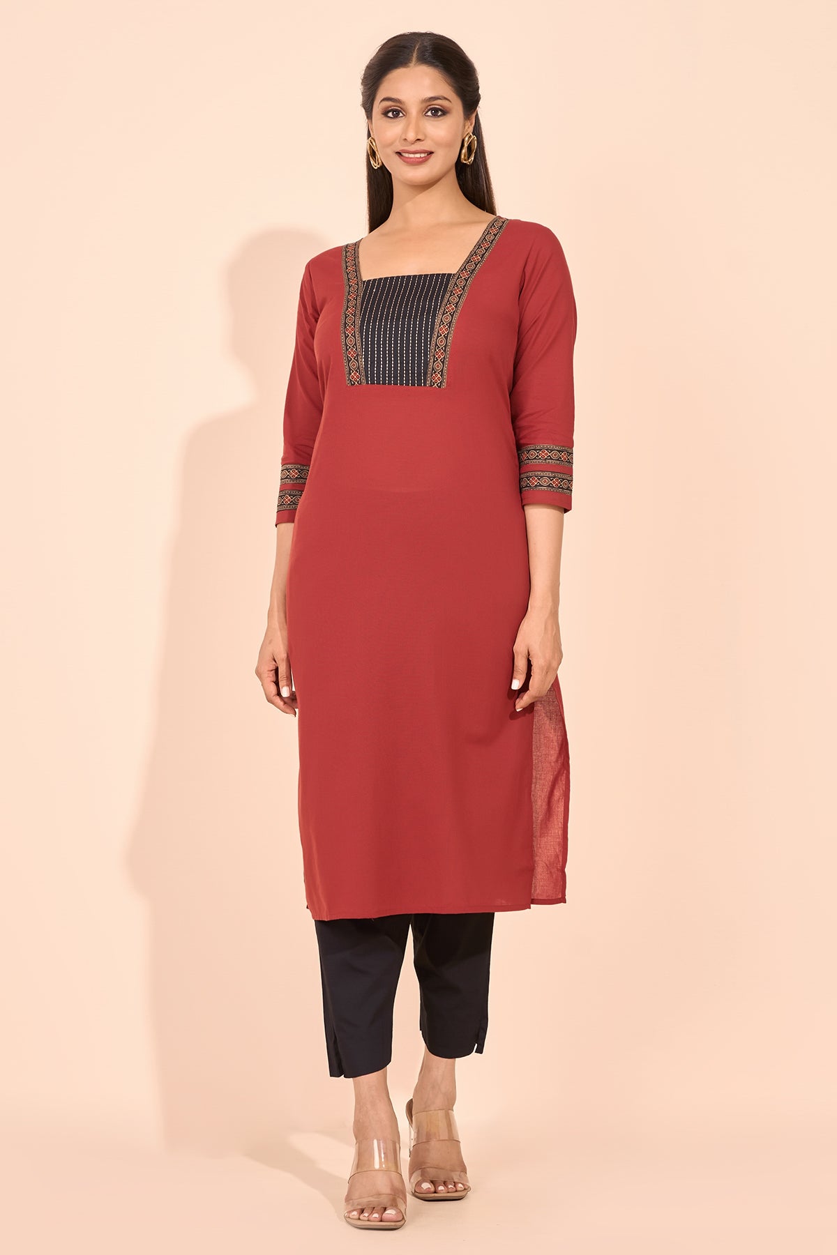 Ajrakh Printed Embroidered Kurta - Rust