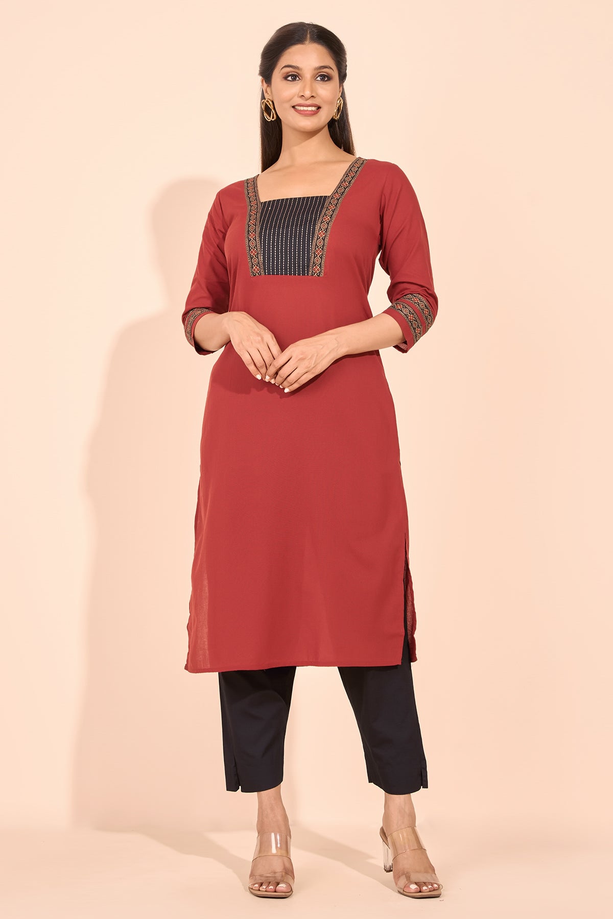 Ajrakh Printed Embroidered Kurta - Rust