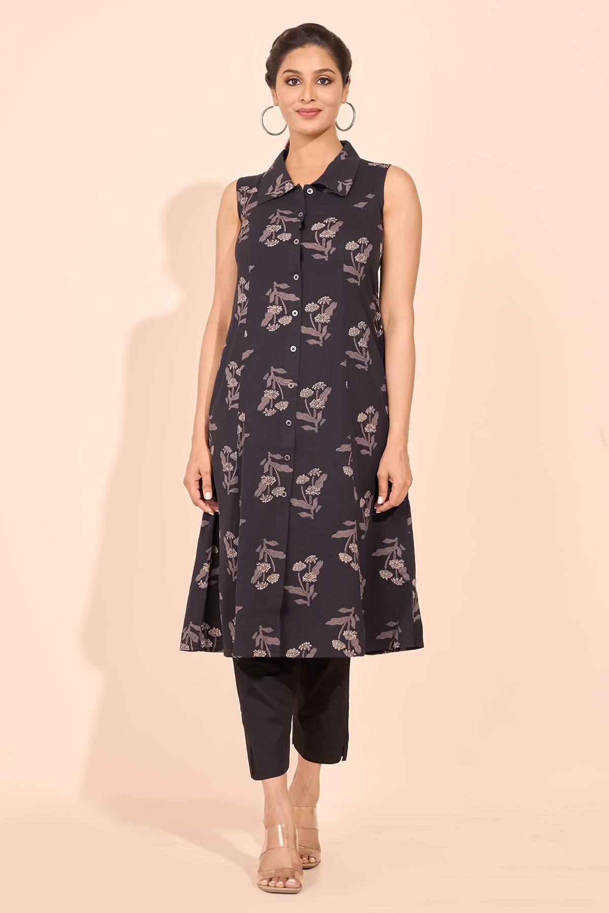 Floral Printed A-Line Kurta - Black