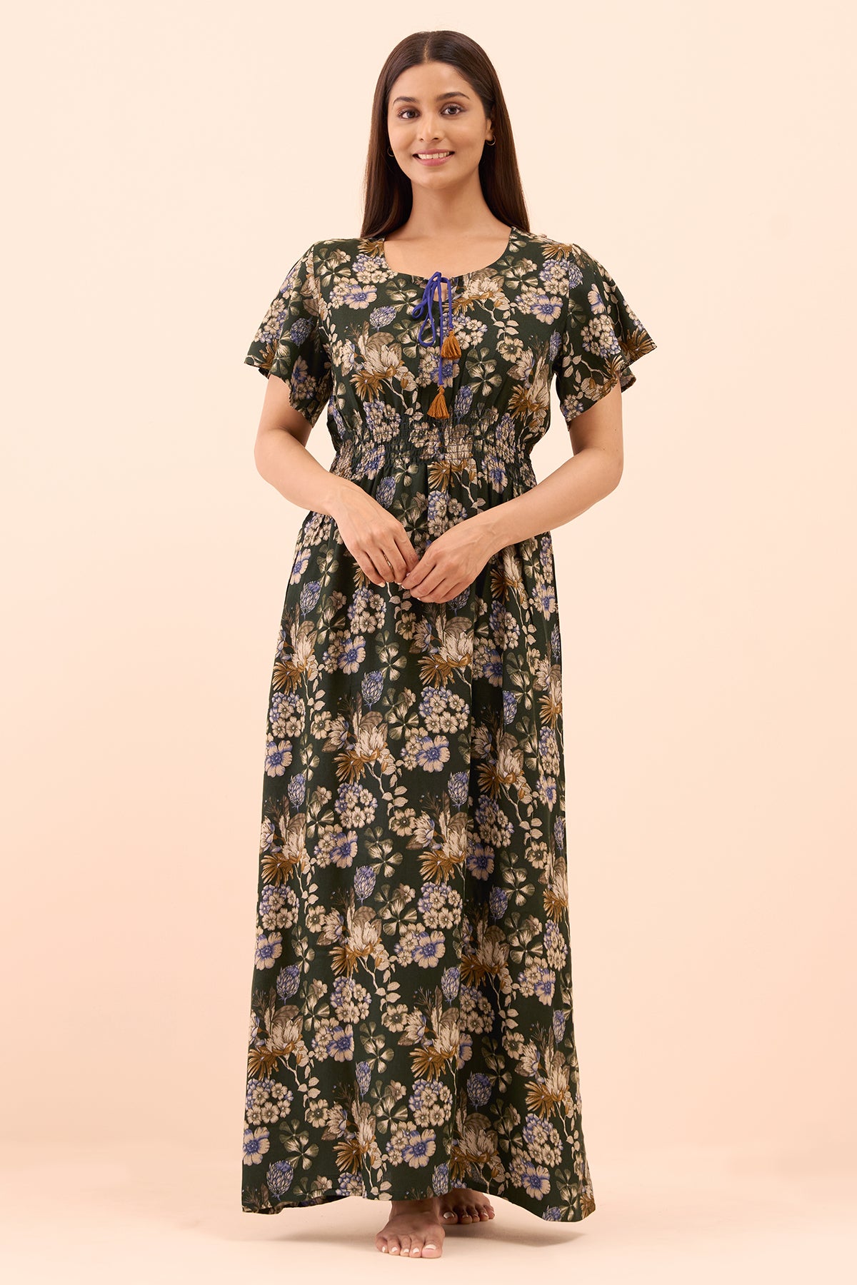 Floral Printed Nighty with Tie-up - Green