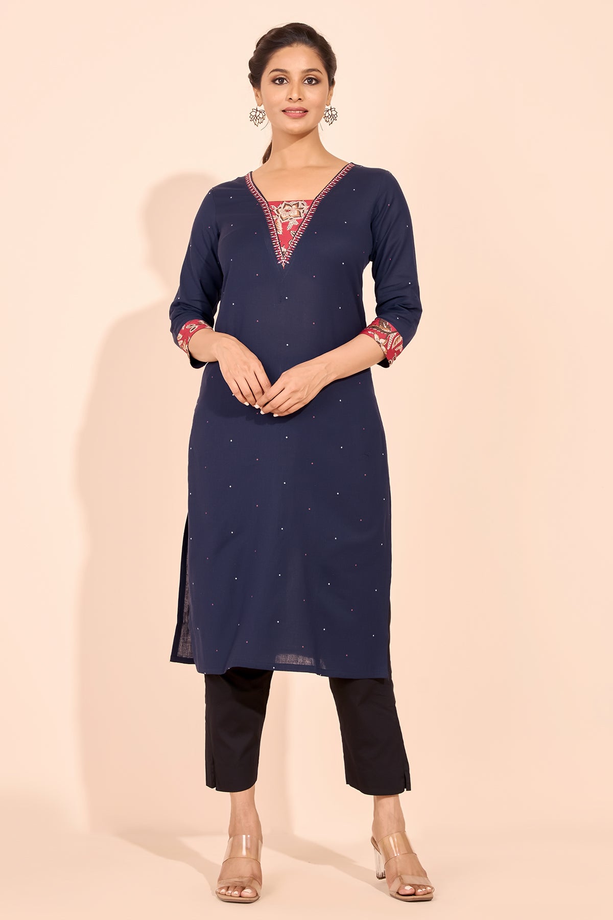 Floral Block Printed Yoke Patchwork Kurta - Navy