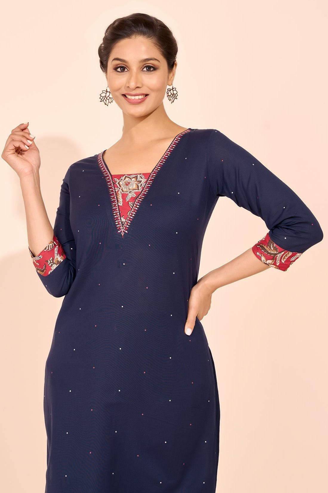 Floral Block Printed Yoke Patchwork Kurta - Navy