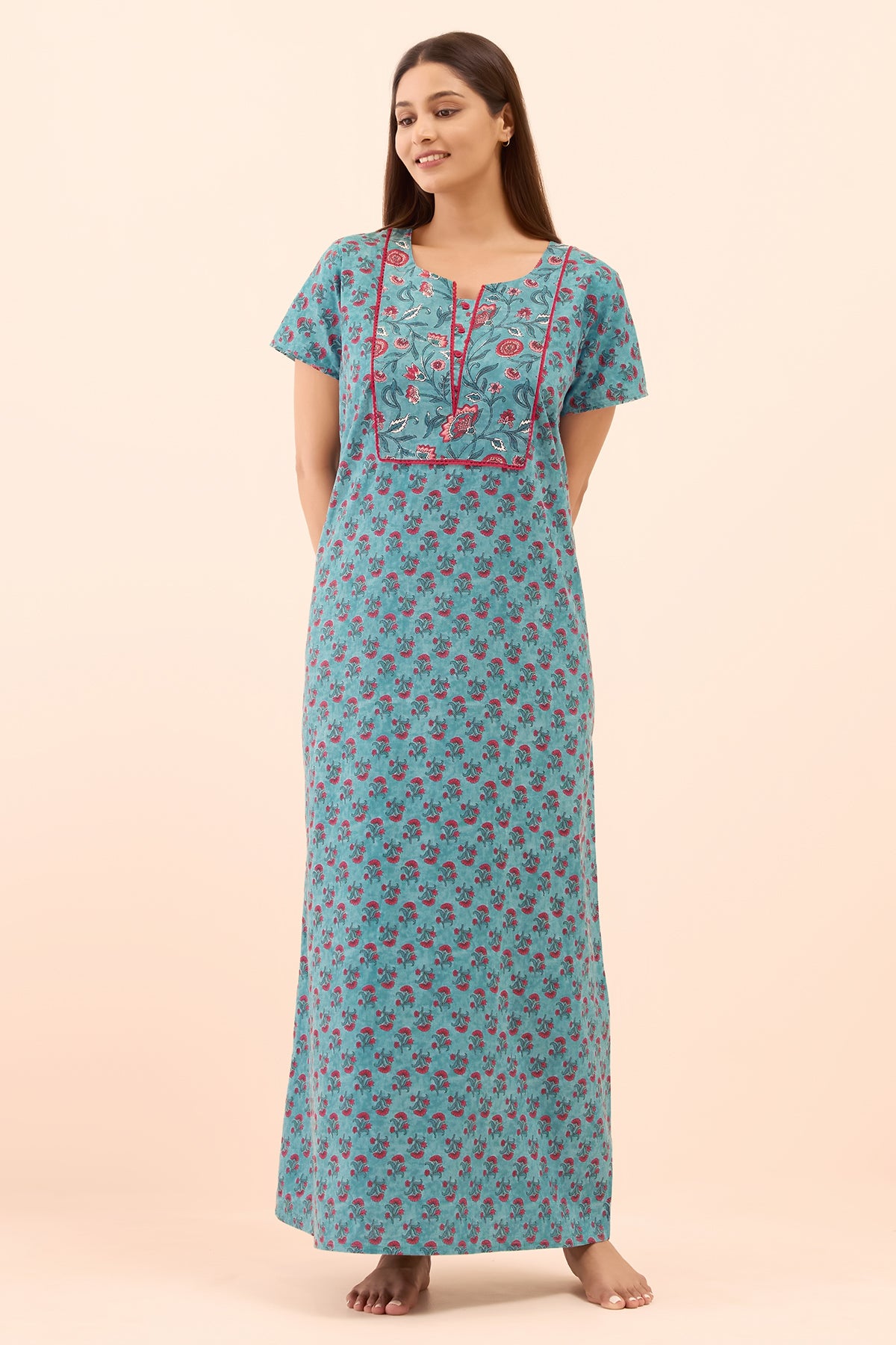 Floral Printed Lace Embellished Nighty- Teal