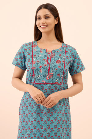 Floral Printed Lace Embellished Nighty- Teal