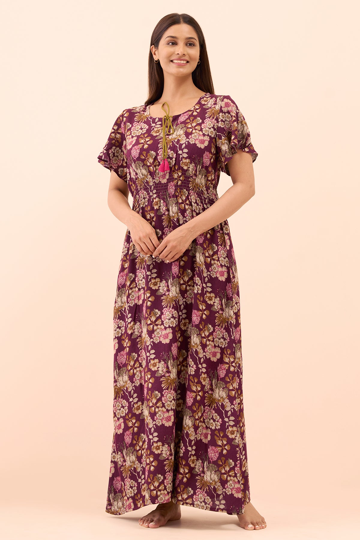 Floral Printed Nighty with Tie-up - Maroon