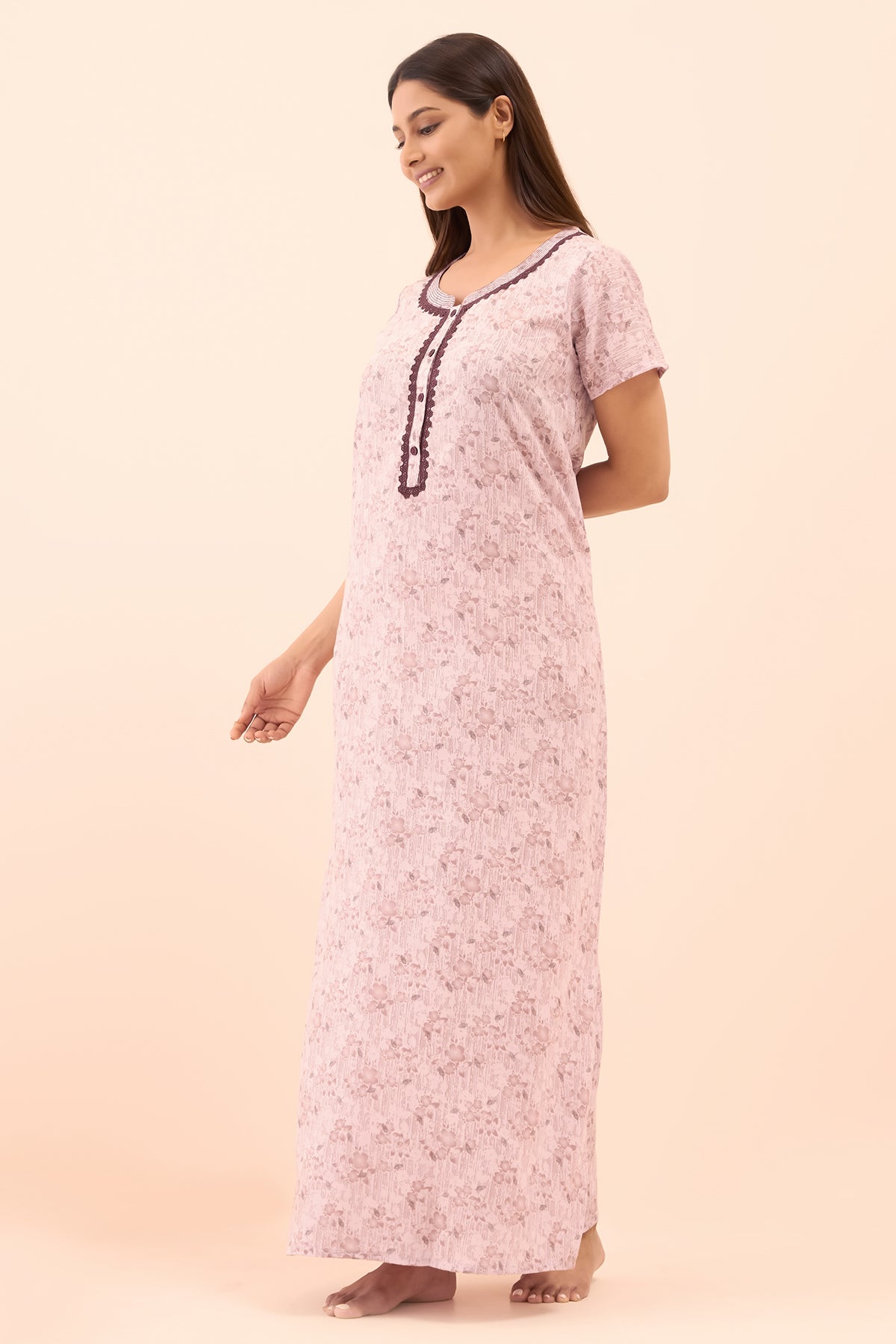 Floral Printed Lace Embellished Nighty - Pink