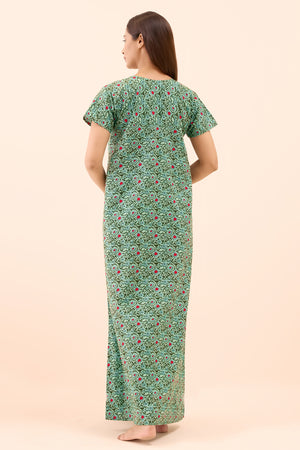 Floral Block Printed Cotton Nighty - Green