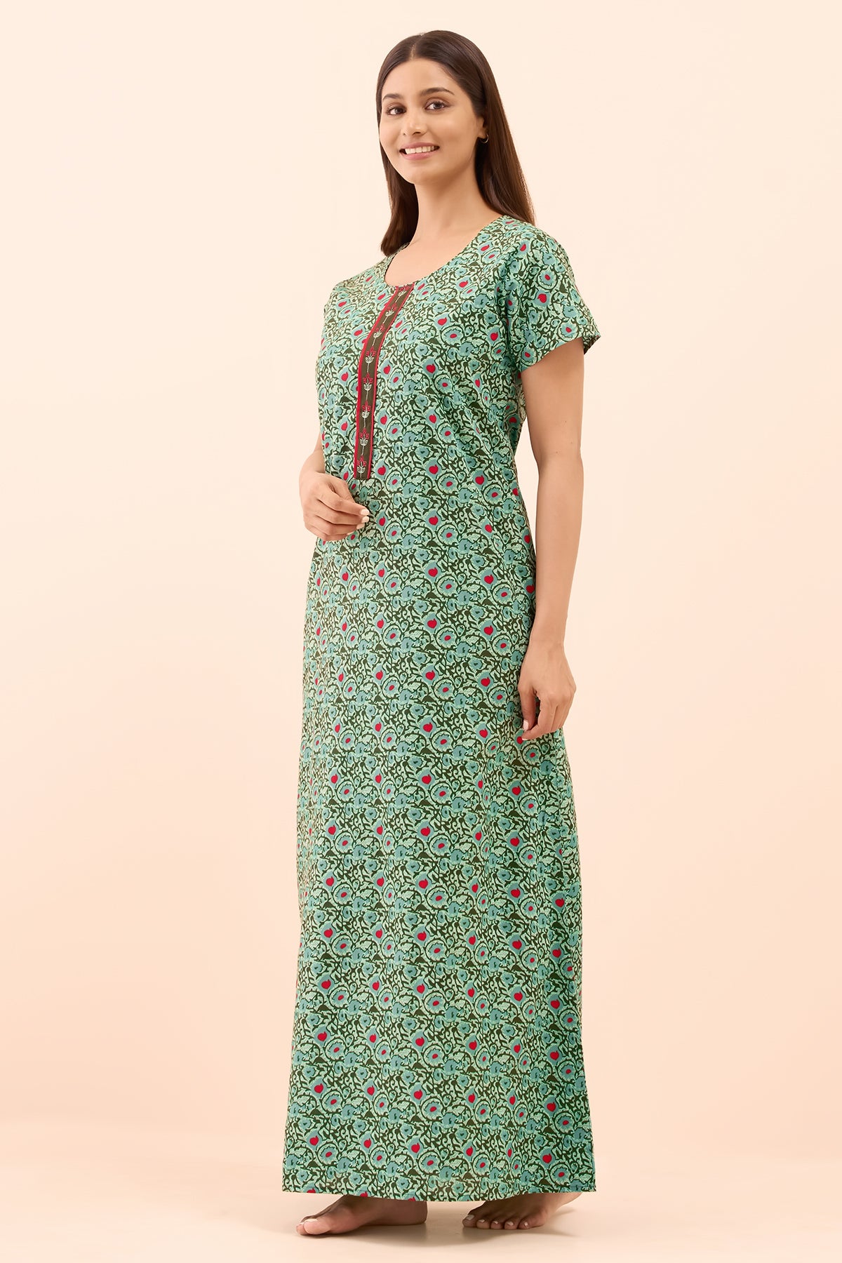 Floral Block Printed Cotton Nighty - Green