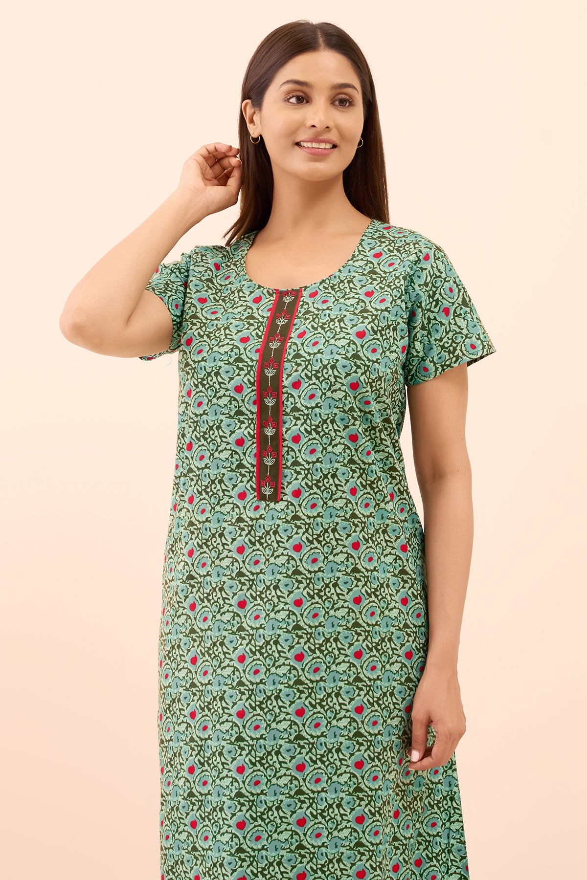 Floral Block Printed Cotton Nighty - Green