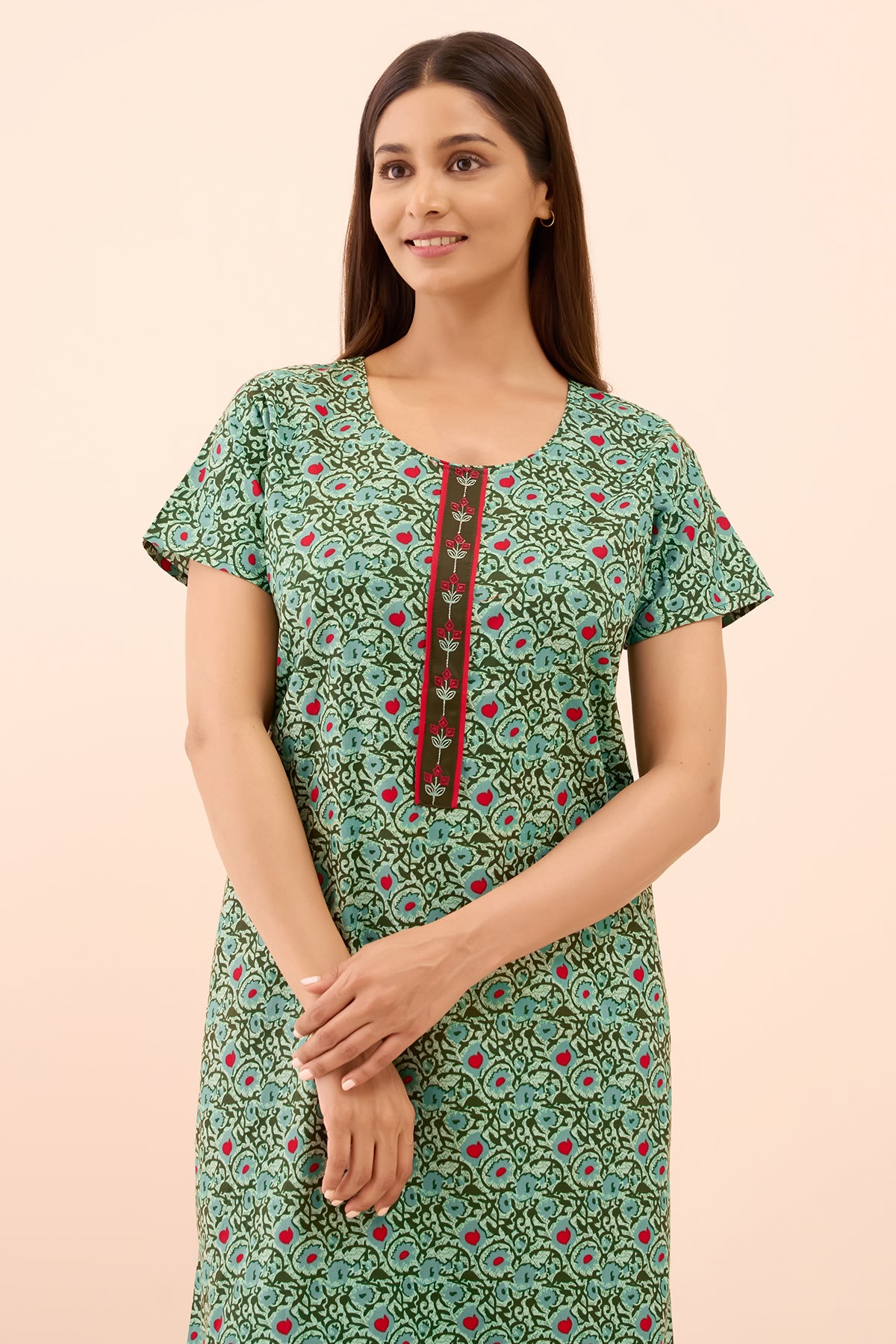 Floral Block Printed Cotton Nighty - Green