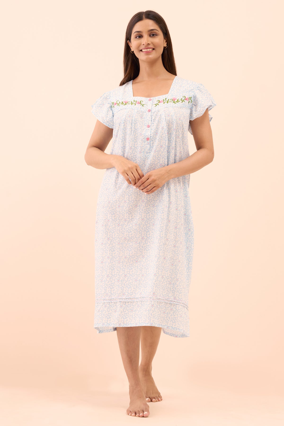 Floral Printed & Embroidered Nighty - Blue