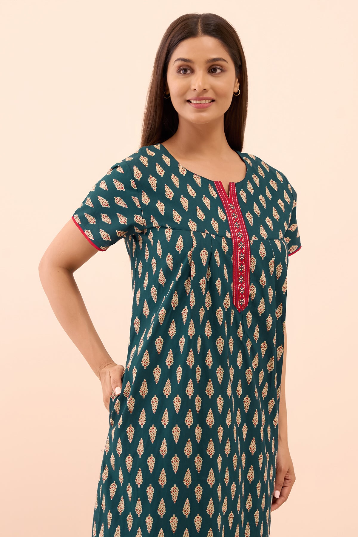 Floral Printed Embroidered Nighty - Teal Green