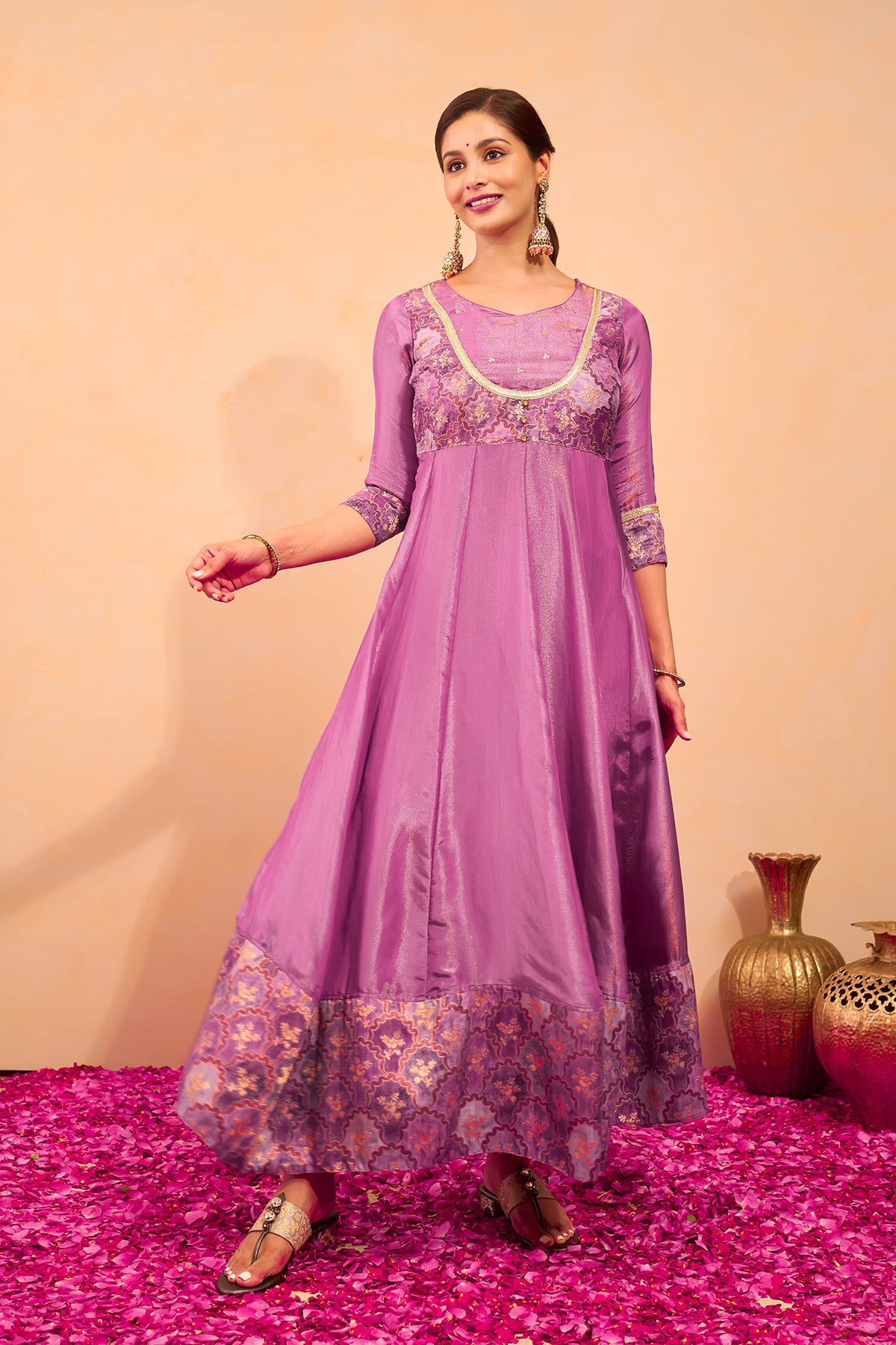 Floral Printed Anarkali with Back Tie-up - Purple