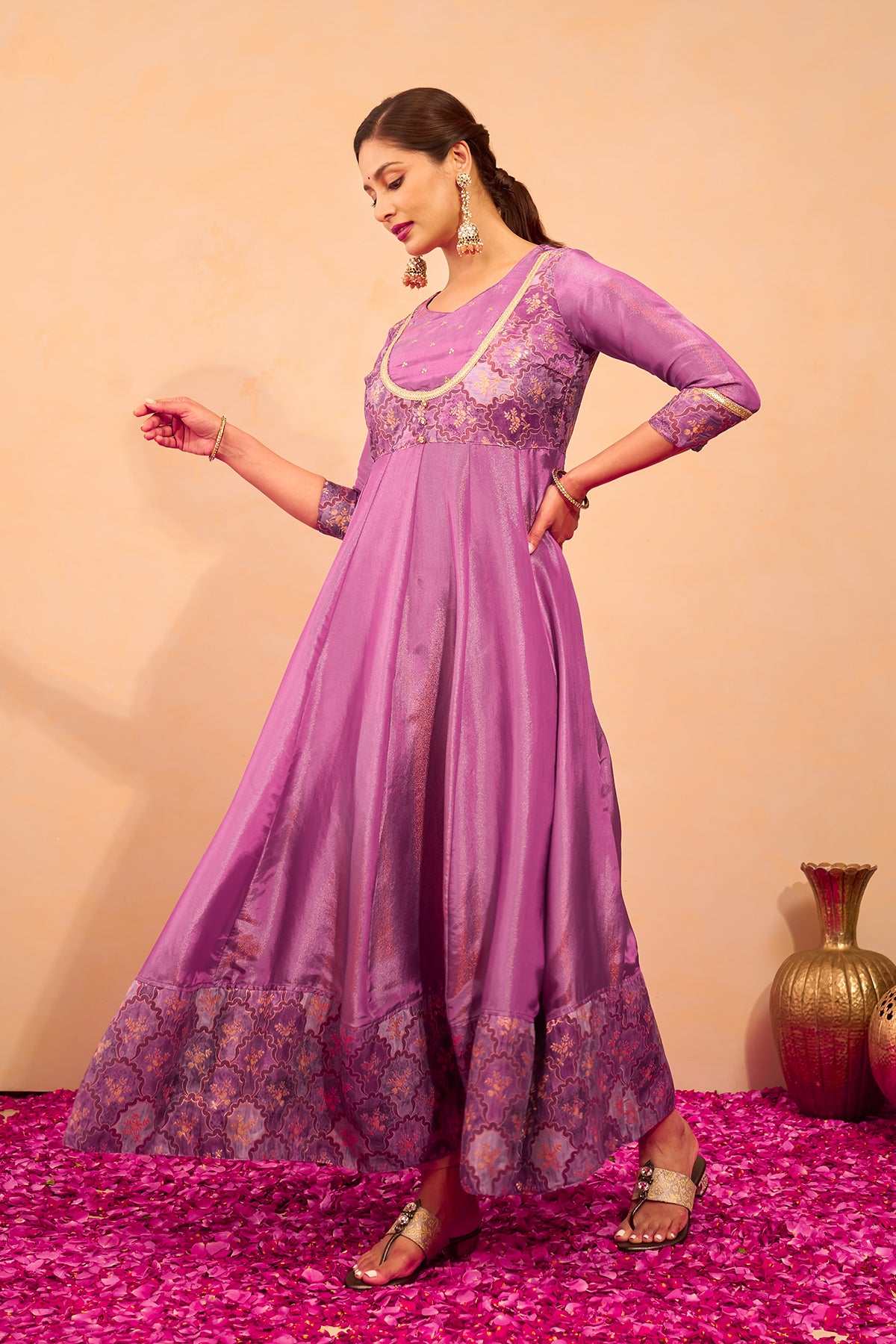 Floral Printed Anarkali with Back Tie-up - Purple