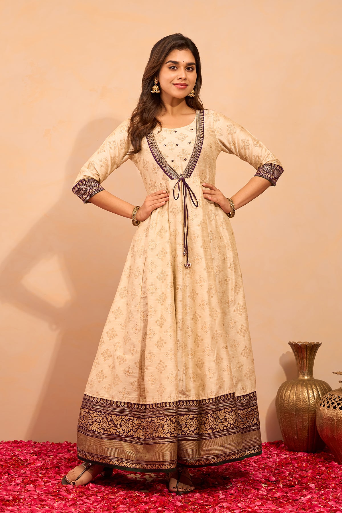 Floral Printed Foil Mirror Embellished Anarkali with Tie-up - Off-White