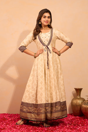 Floral Printed Foil Mirror Embellished Anarkali with Tie-up - Off-White