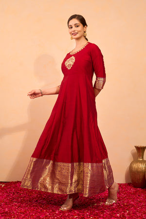 Bird Motif Embroidered Anarkali - Red