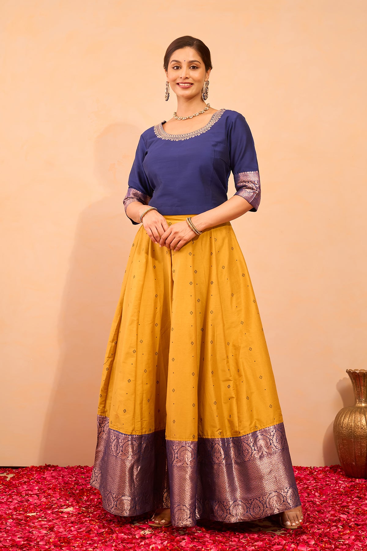 Floral Embroidered Skirt set with Zari Border - Blue & Mustard