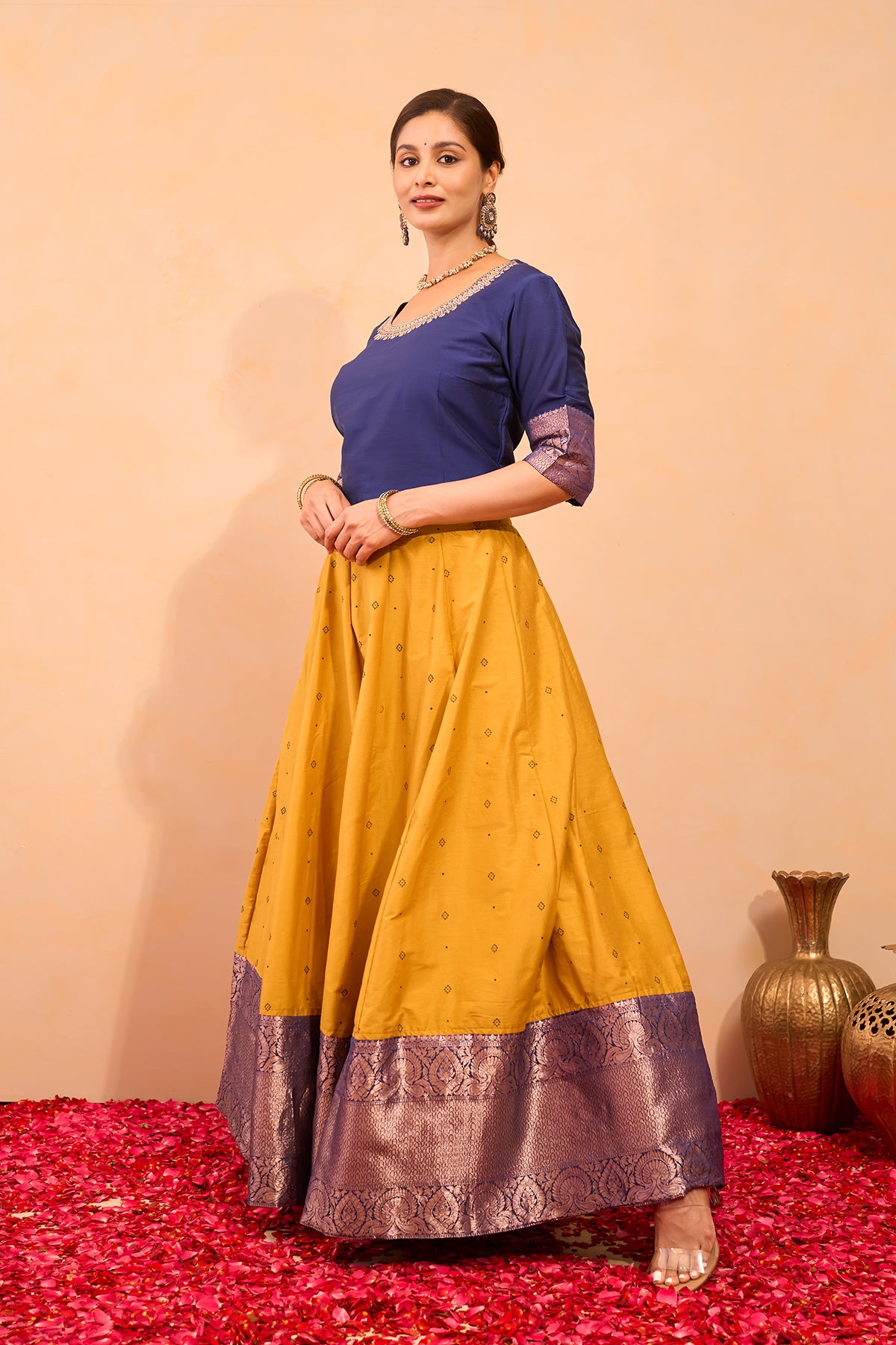 Floral Embroidered Skirt set with Zari Border - Blue & Mustard