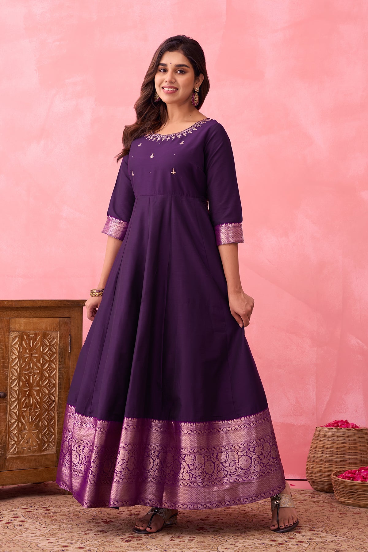 Embroidered Anarkali with Zari Border - Purple